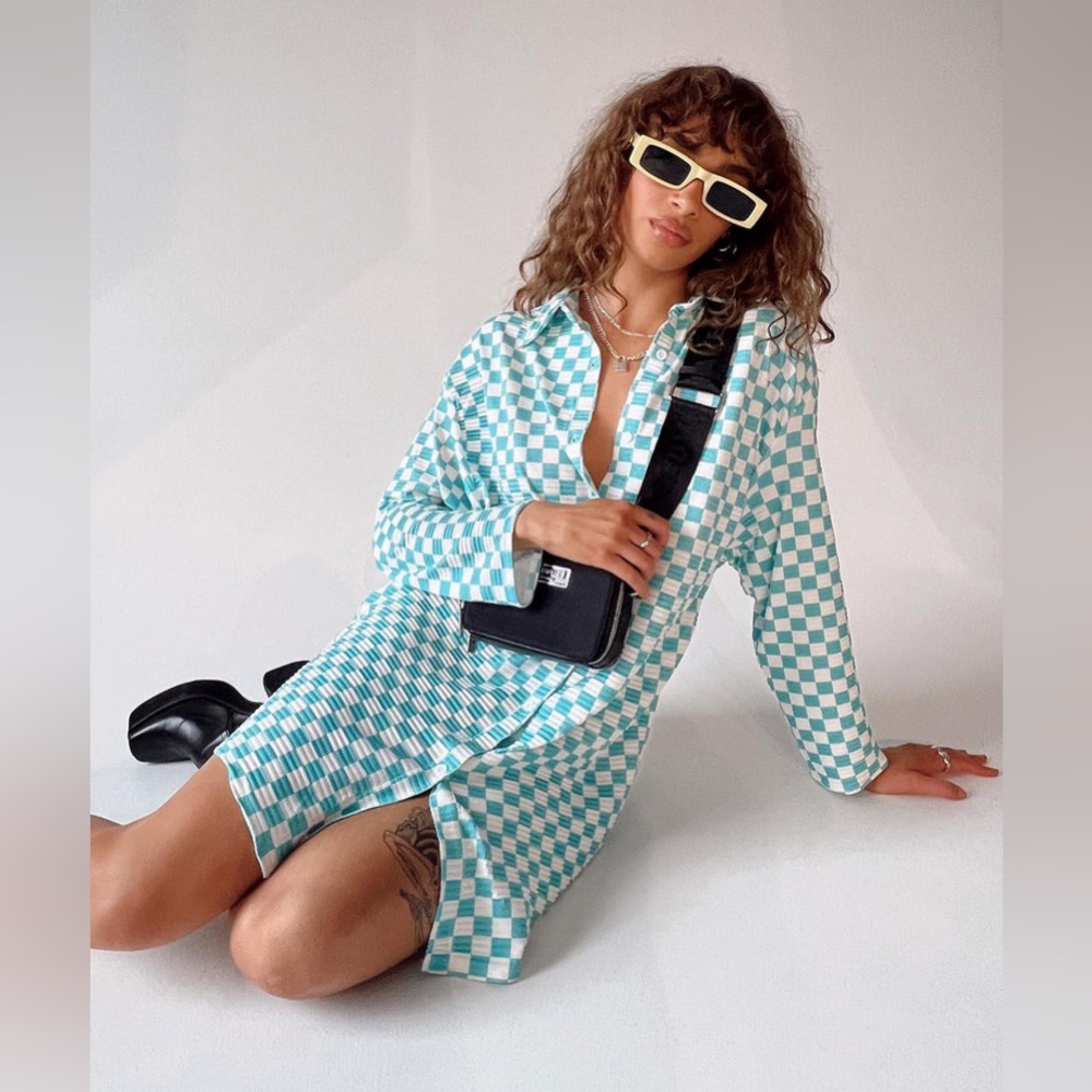 Princess Polly LORAINE SHIRT MINI DRESS BLUE CHECK Size‎ 8  Blue White Checkered